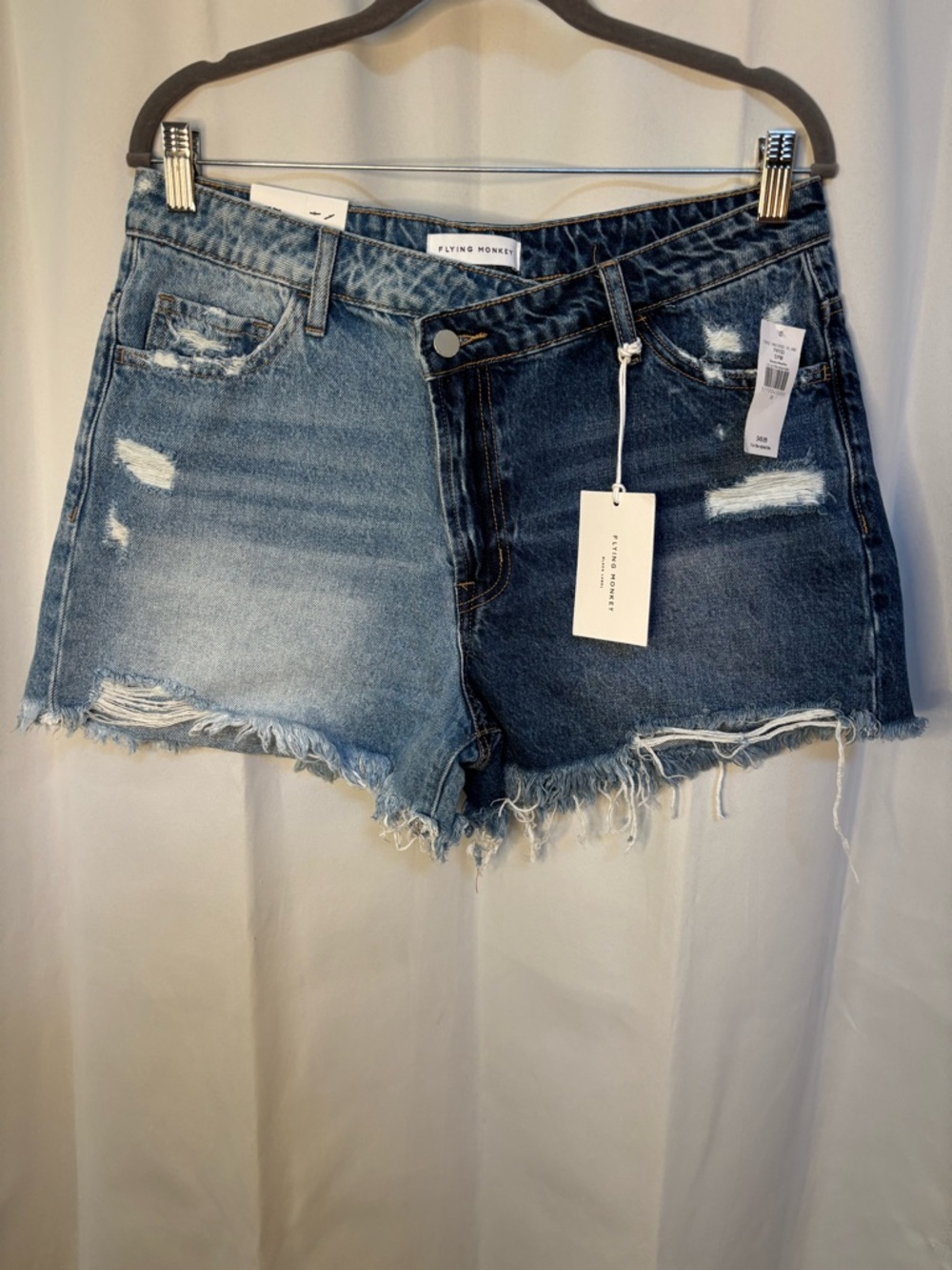Flying Monkey Two Tone Denim Shorts NWT Ultra High Rise Distressed W30 - Picture 2 of 7